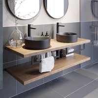 Vitusso Garda Wood Wall Hung Double Countertop Basin Shelves & Lyon Black Basins - 1100mm