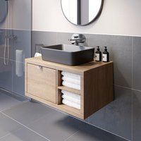 Vitusso Garda Wood Wall Hung Countertop Vanity Unit with Croix Black Basin - 800mm - RH Shelves