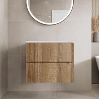Vitusso Fluted Wood Wall Hung Bathroom Vanity Unit without Basin 600mm - White Marble Top
