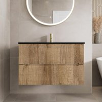 Vitusso Fluted Wood Wall Hung Bathroom Vanity Unit with Black Basin 800mm