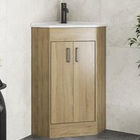 Alpine Oak Wood Corner Vanity Unit with Basin - 585mm - Double Doors