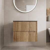 Vitusso Fluted Wood Wall Hung Bathroom Vanity Unit without Basin 600mm - Grey Marble Top