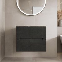 Vitusso Fluted Black Wall Hung Bathroom Vanity Unit without Basin 600mm - Grey Marble Top