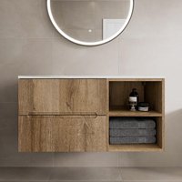 Vitusso Fluted Wood Wall Hung Bathroom Vanity Unit without Basin 1000mm - White Marble Top