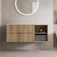Vitusso Fluted Wood Wall Hung Bathroom Vanity Unit without Basin 1200mm - White Marble Top