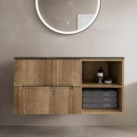 Vitusso Fluted Wood Wall Hung Bathroom Vanity Unit without Basin 1000mm - Grey Marble Top