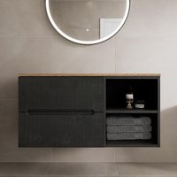Vitusso Fluted Black Wall Hung Bathroom Vanity Unit without Basin 1000mm - Oak Top