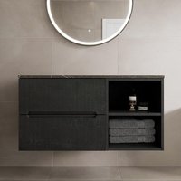 Vitusso Fluted Black Wall Hung Bathroom Vanity Unit without Basin 1000mm - Grey Marble Top