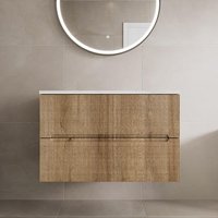 Vitusso Fluted Wood Wall Hung Bathroom Vanity Unit without Basin 800mm - White Marble Top